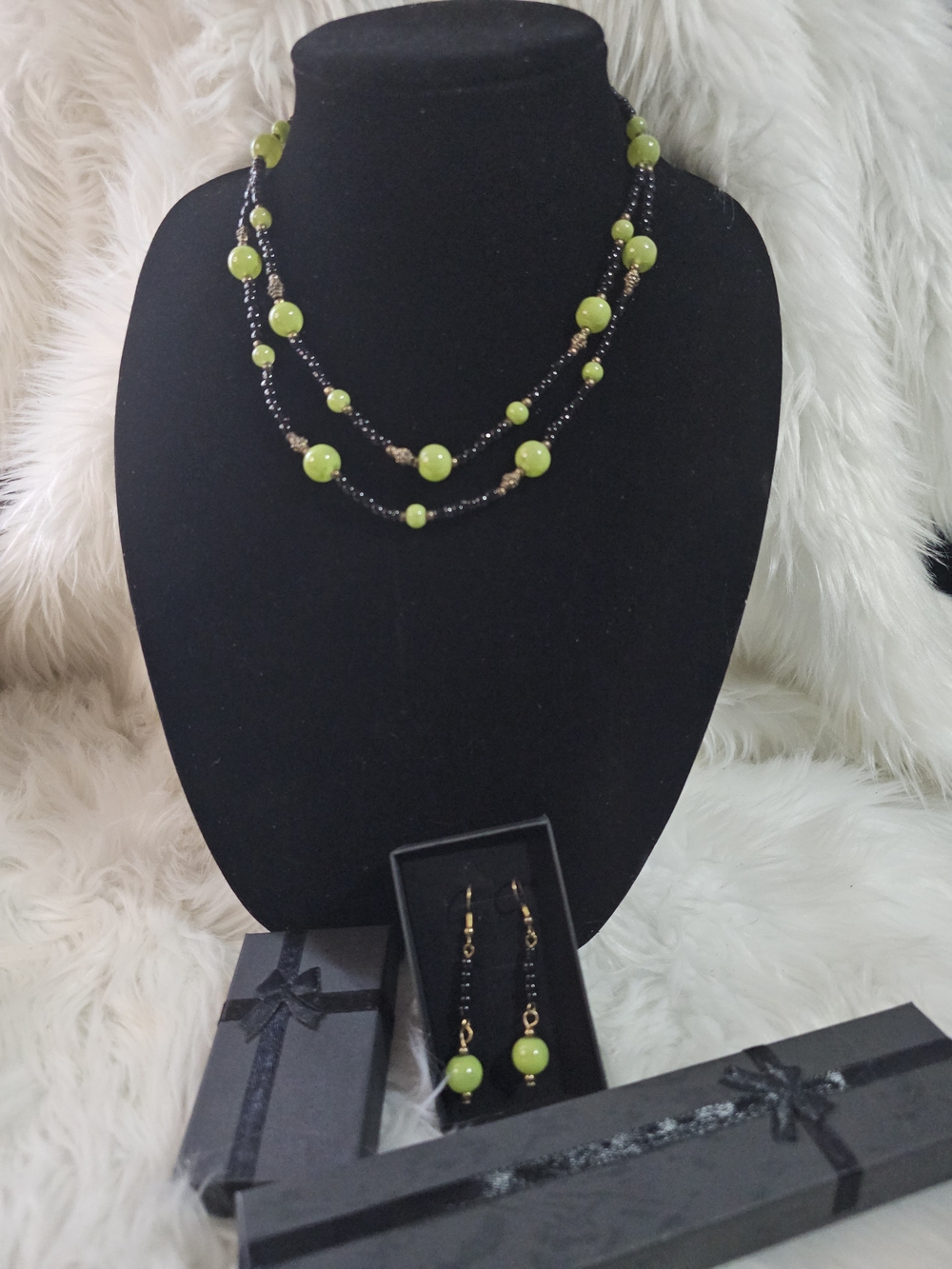 Green Bead Double-Strand Necklace and Earrings Set #41